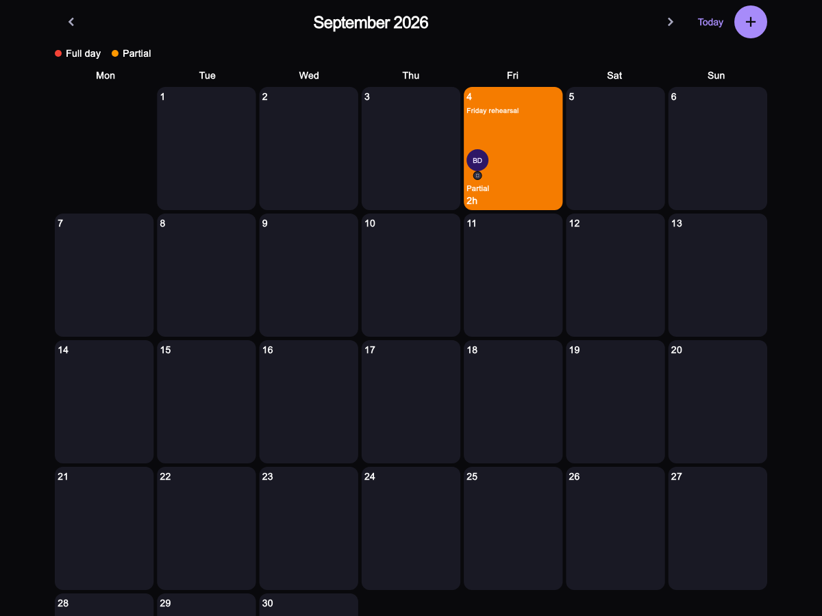 Bandit calendar showing a Friday rehearsal in September