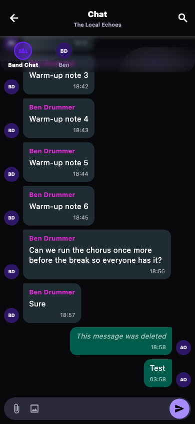 Bandit band chat screen with room tabs, messages and attachment composer