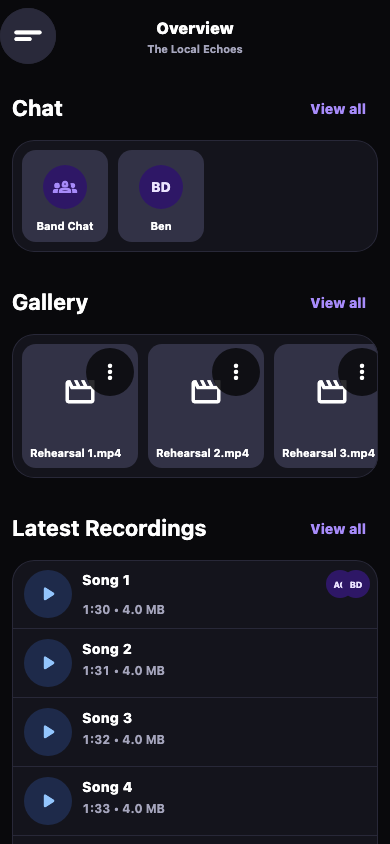 Bandit overview screen with chat, gallery and latest recordings